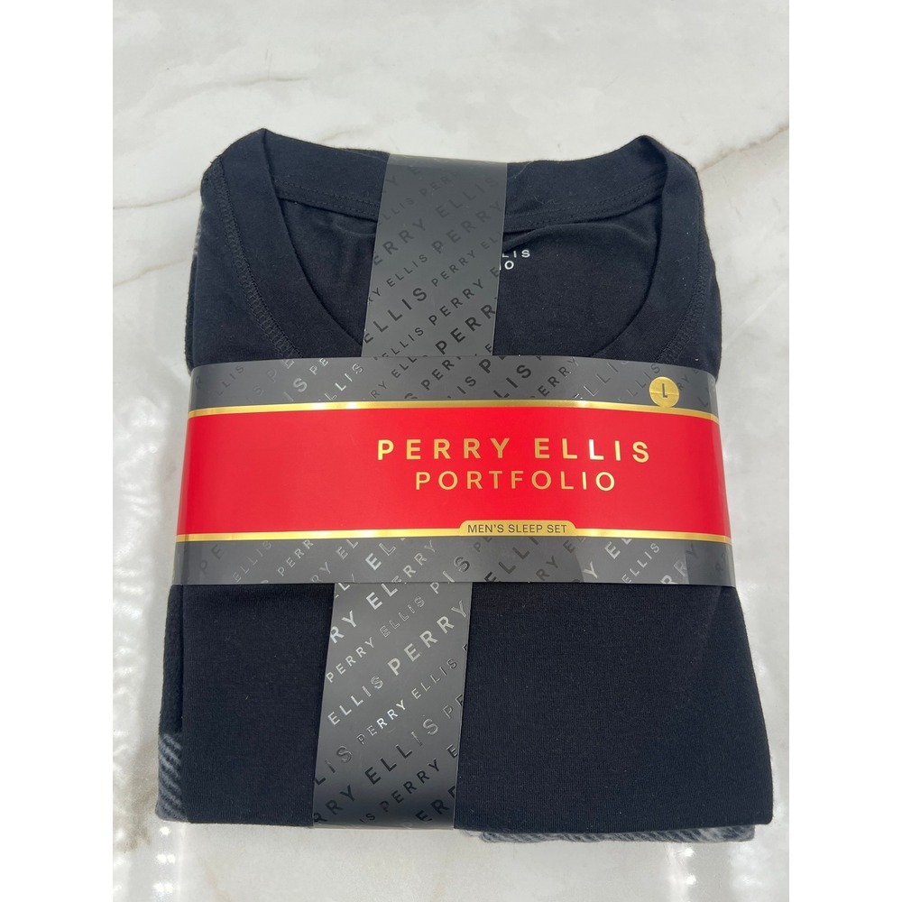 Perry Ellis Portfolio Pajama Set Men's Large Black Beauty Plaid Fleece Knit NWT